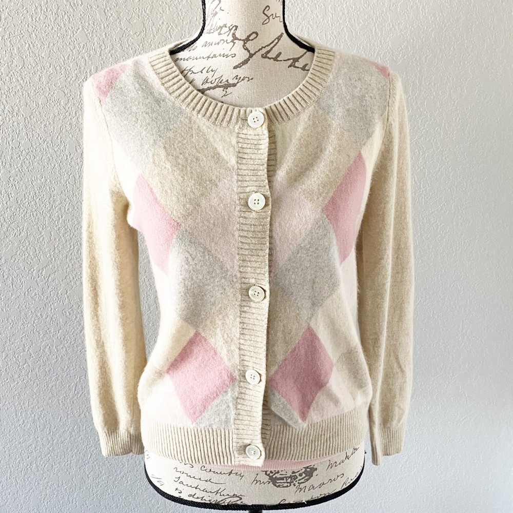 TALBOTS Argyle Cardigan Lambswool and Angora Rabbit Hair Pastels & Oatmeal
